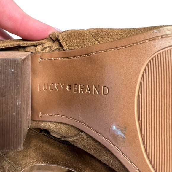 Lucky Brand Tan Suede Open Toe Heeled Shoes Size 7 - Picture 8 of 12
